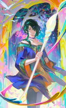 Rule 34 | 1boy, choker, colorful, commentary, cowboy shot, duetrofl, ear piercing, english commentary, floating clothes, giant brush, green hair, hair over one eye, highres, holding, holding paintbrush, hwei (league of legends), league of legends, long hair, looking at viewer, male focus, one eye covered, paintbrush, parted lips, piercing, pink eyes, purple choker, solo, wide sleeves