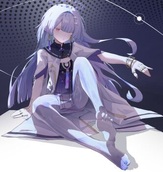 1girl absurdres barefoot blue_nails breasts colored_eyelashes commentary_request dress earrings feet grey_hair hair_intakes hair_ornament hair_over_one_eye halo highres id_card jacket jewelry knee_up long_hair looking_at_viewer mornye_(wuthering_waves) multiple_rings parted_lips partial_commentary purple_dress red_eyes ring see-through_body sitting small_breasts solo toenails toes triangle_earrings white_jacket wuthering_waves yi_xin_(fjgy2754)