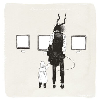 1boy 1girl body_fur child commentary_request dress furry furry_male grey_background holding_hands horns nagabe picture_frame sensei_(totsukuni_no_shoujo) shiva_(totsukuni_no_shoujo) short_hair simple_background tail totsukuni_no_shoujo vest