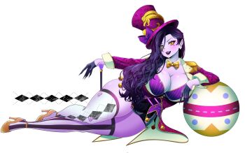 1girl bell black_gloves black_hair black_lips bow bowtie breasts cleavage collar colored_skin epaulettes facial_mark gloves gold_shoes hair_between_eyes hat hat_bow heart heart_facial_mark high_heels highres indie_virtual_youtuber large_breasts long_hair mismatched_thighhighs purple_bow purple_hat purple_skin roisin shoes slit_pupils solo striped_clothes striped_thighhighs thighhighs vertical-striped_clothes vertical-striped_thighhighs vexoria_the_sun_eater virtual_youtuber white_collar yellow_bow yellow_bowtie yellow_eyes