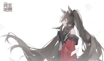 Rule 34 | 1girl, absurdres, angelina (arknights), arknights, arknights: endfield, bare shoulders, black dress, black gloves, brown hair, chinese commentary, chromatic aberration, closed mouth, commentary request, copyright logo, detached sleeves, dress, from side, gilberta (arknights), gloves, hands on own chest, highres, hiro (9564), letter, light particles, logo, long hair, looking ahead, profile, red eyes, red sleeves, simple background, solo, very long hair, white background, wide sleeves, wind