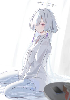 1girl absurdres breasts can cellphone closed_mouth colored_eyelashes commentary earrings from_behind grey_hair hair_ornament hair_over_one_eye hair_over_shoulder halo highres ilu jewelry long_hair looking_at_viewer looking_to_the_side mornye_(wuthering_waves) phone red_eyes see-through_body shirt sitting small_breasts smartphone solo tacet_mark_(wuthering_waves) triangle_earrings wariza white_shirt wuthering_waves