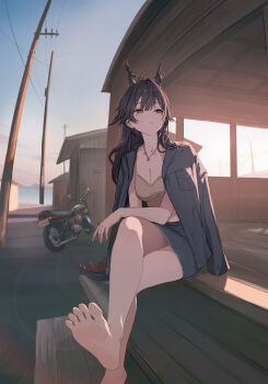 Rule 34 | 1girl, absurdres, alternate costume, alternate hairstyle, arknights, arknights: endfield, barefoot, black hair, black jacket, black skirt, breasts, chen qianyu (arknights), cleavage, collarbone, ddcc0123, dragon girl, dragon horns, dragon tail, eastern dragon horns, eastern dragon tail, fisheye, foot out of frame, grey eyes, highres, horns, jacket, jacket on shoulders, jewelry, long hair, looking to the side, medium breasts, miniskirt, motor vehicle, motorcycle, necklace, sitting, skirt, soles, solo, sunset, tail, tank top, yellow tank top