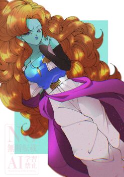 1girl baggy_pants blue_eyes blue_skin breasts cleavage colored_skin detached_sleeves dragon_ball dragonball_z earrings female_focus highres jewelry large_breasts lipstick long_hair makeup orange_hair pants pendant sarong simple_background solo stktik09060906 very_long_hair zangya