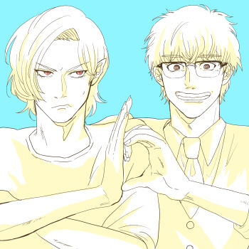 2boys baban_baban_ban_vampire blue_background brown_eyes grin heart_hands_failure highres limited_palette male_focus mori_ranmaru_(baban_baban_ban_vampire) multiple_boys necktie red_eyes sakamoto_umetarou short_hair smile sweatdrop upper_body yamakou_(ymkunmdrm) yaoi