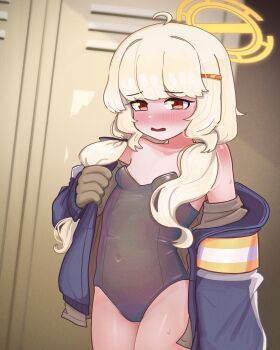 1girl 4th_lol aoba_(blue_archive) black_leotard blonde_hair blue_archive blue_jacket blush breasts brown_gloves collarbone covered_navel cowboy_shot gloves halo highleg highleg_leotard highres indoors jacket large_variant_set leotard locker loli long_hair long_sleeves looking_at_viewer low_twintails nose_blush open_clothes open_jacket open_mouth red_eyes small_breasts solo strapless strapless_leotard twintails variant_set yellow_halo