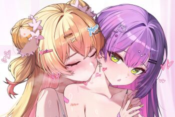 Rule 34 | 2girls, bandaid, bite mark, blonde hair, blush, closed eyes, collarbone, cross, cross earrings, earrings, green eyes, hair between eyes, hair bun, hair ornament, hairclip, heart, heart-shaped pupils, hickey, highres, hololive, jewelry, kiss, kissing neck, kkato, long hair, momosuzu nene, multicolored hair, multicolored nails, multiple girls, nail polish, open mouth, orange nails, piercing, pink hair, purple hair, symbol-shaped pupils, tokoyami towa, virtual youtuber, x hair ornament, yuri