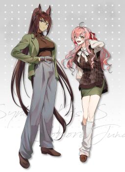 2girls :d absurdres ahoge animal_ears artist_self-insert belt blue_eyes bow breasts brown_belt brown_hair brown_shoes brown_sweater brown_tail character_name closed_mouth comore_juna_(murangee) dark-skinned_female dark_skin ear_ornament female_trainer_(umamusume) full_body green_jacket green_skirt hair_between_eyes hair_bow hair_ornament hand_on_own_hip hashtag-only_commentary height_difference highres horse_ears horse_girl horse_tail jacket jewelry lapels large_breasts long_hair long_sleeves loose_socks multiple_girls murangee neck_ribbon necklace notched_lapels oc_x_canon open_clothes open_jacket open_mouth original pants pink_hair plaid_clothes plaid_sweater red_bow ribbon shirt shoes skirt smile socks standing sweater swept_bangs symboli_kris_s_(umamusume) tail trainer_(umamusume) tsurime turtleneck turtleneck_sweater umamusume very_long_hair wavy_hair white_ribbon white_shirt white_socks yellow_eyes