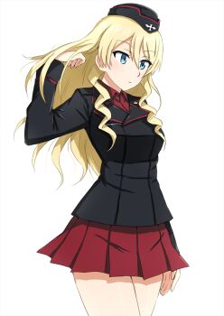 Rule 34 | 1girl, alternate costume, alternate hairstyle, black hat, black jacket, blonde hair, blue eyes, closed mouth, commentary, darjeeling (girls und panzer), dress shirt, garrison cap, girls und panzer, hair down, hand in own hair, hat, highres, insignia, jacket, kuromorimine military uniform, light frown, long hair, long sleeves, looking to the side, military hat, military uniform, miniskirt, omachi (slabco), pleated skirt, red shirt, red skirt, shirt, simple background, skirt, solo, standing, white background, wing collar