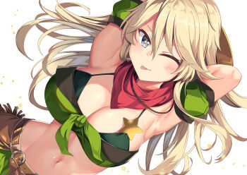 1girl ;p armpits arms_up bandeau bare_shoulders belt blonde_hair blue_eyes breasts brown_belt cleavage collarbone commentary_request cosplay cowboy_shot detached_sleeves dutch_angle front-tie_top green_bandeau green_skirt green_sleeves groin hair_between_eyes hat_on_back holster iowa_(kancolle) kantai_collection large_breasts light_particles long_hair looking_at_viewer midriff navel one_eye_closed outdoors puffy_detached_sleeves puffy_sleeves red_scarf scarf sheriff_badge sidelocks simple_background skirt solo standing star-shaped_pupils star_(symbol) symbol-shaped_pupils taiki_shuttle_(umamusume) taiki_shuttle_(umamusume)_(cosplay) tongue tongue_out umamusume white_background yasume_yukito