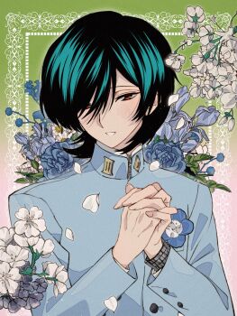 Rule 34 | 1boy, bishounen, black hair, blue flower, blush, border, buttoned cuffs, buttons, collared jacket, flower, flower request, hair over one eye, hashtag-only commentary, highres, inset border, jacket, kasugayama high school uniform, kurosu jun, layered sleeves, leaf, long sleeves, male focus, ornate border, own hands clasped, own hands together, parted hair, parted lips, persona, persona 2, plant, prsn ebbb (ebibibi), red eyes, school uniform, smile, solo, upper body, white flower