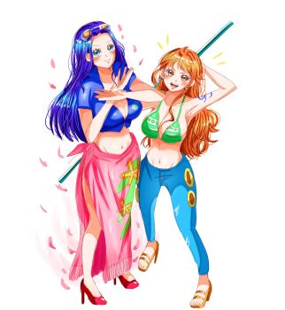Rule 34 | 2girls, arm tattoo, bikini, bikini top only, blue eyes, blush, crossed arms, denim, earrings, eyewear on head, high collar, high heels, highres, jeans, jewelry, long hair, looking at viewer, midriff, multiple girls, nami (one piece), navel, nico robin, one piece, orange eyes, orange hair, orange shoes, pants, pearl earrings, pink sarong, red shoes, ruca5240, sarong, shoes, simple background, smile, swimsuit, tattoo, white background
