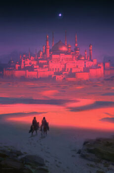 Rule 34 | 2boys, absurdres, animal, artist name, black sky, city, commentary, desert, dome, english commentary, from behind, gradient sky, highres, horse, horseback riding, landscape, middle eastern architecture, multiple boys, original, outdoors, painterly, purple sky, raja nandepu, riding, rock, sand, scenery, sky, star (sky), sunlight, tower
