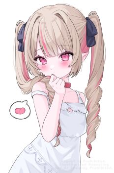 1girl alternate_hairstyle bare_shoulders blue_ribbon blunt_bangs blush choker collar collarbone colored_inner_hair cowboy_shot dress drill_hair grey_hair hair_intakes hair_over_shoulder hair_ribbon hand_on_own_chin heart highres lace_trim long_hair makaino_ririmu makaino_ririmu_(3rd_costume) multicolored_hair nijisanji official_alternate_hair_color parted_lips pink_hair pointy_ears red_collar red_eyes ribbon sidelocks simple_background sleeveless sleeveless_dress solo spoken_heart strap_slip streaked_hair sundress twin_drills virtual_youtuber warewa_tanaka watermark white_background white_dress