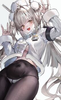 1girl :d \m/ absurdres armband black_armband blanc_(fortune_express)_(nikke) blanc_(nikke) blush breasts brown_pantyhose commentary covered_navel cowboy_shot crotch_seam double_\m/ fingernails from_below fur-trimmed_jacket fur-trimmed_sleeves fur_trim goddess_of_victory:_nikke gradient_background grey_background grey_hair hair_ornament hands_up hat high-waist_pantyhose highres jacket kabi_(zcwd8845) long_fingernails long_hair long_sleeves looking_at_viewer looking_down medium_breasts no_bra no_pants official_alternate_costume official_alternate_hairstyle open_mouth panties panties_under_pantyhose pantyhose partially_unbuttoned pom_pom_(clothes) pom_pom_hair_ornament smile solo standing teeth twintails two-tone_background underboob underwear upper_teeth_only upshirt very_long_hair white_background white_hat white_jacket white_panties yellow_eyes