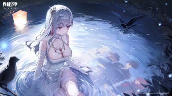 1girl absurdres anis_(nikke) artist_request bandaged_head bandages bandaid bird breasts cleavage cleavage_cutout closed_mouth clothing_cutout collarbone commander_(nikke) elbow_gloves gloves goddess_of_victory:_nikke grey_hair hair_ornament highres lantern large_breasts long_hair modernia_(nikke) neon_(nikke) night official_alternate_costume official_art rapi_(nikke) red_eyes ribbon see-through_clothes sitting source_request thighs third-party_source tree water