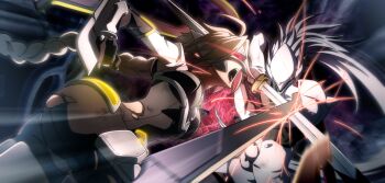 Rule 34 | 1boy, 1girl, ahoge, arc system works, arm blade, armor, ass, battle, blazblue, blazblue: central fiction, blonde hair, bodysuit, braid, breasts, dirty, game cg, gloves, glowing, glowing eye, hakumen, highres, lambda-11, long hair, mask, open mouth, red eyes, sideboob, silver hair, single braid, sword, torn clothes, very long hair, visor, weapon