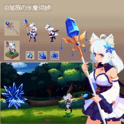 &gt;_&lt; 1girl :o ahoge ahoge_wag animal_ear_fluff animal_ears animated bare_shoulders blinking blue_hair blue_nails blue_sky boots bouncing_breasts breasts bush chibi cleavage_cutout clothing_cutout day detached_sleeves expressive_hair falling fantasy grass grey_background hair_ornament holding holding_staff ice idle_animation jewelry jumping large_breasts light_blue_hair log looping_animation mage_staff magic nature necklace open_mouth orange_eyes original outdoors pixel_art running shadow shirokuro_(oyaji) sky slit_pupils snowflake_hair_ornament solo sprite sprite_art staff tail thigh_boots tree video