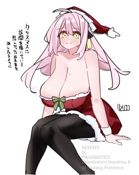 1girl ahoge arm_support bare_shoulders black_pantyhose blush breasts christmas cleavage commentary_request cowboy_shot dress fur-trimmed_dress fur-trimmed_headwear fur_trim hat highres huge_breasts long_hair looking_at_viewer mole mole_on_breast original pantyhose pink_hair red_dress red_hat rinrikoko sagging_breasts santa_costume santa_dress santa_hat simple_background sitting smile solo strapless strapless_dress thighs watermark white_background yellow_eyes