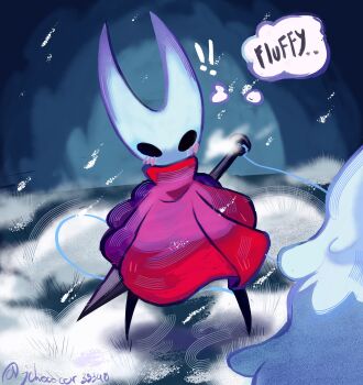 1girl absurdres arthropod_girl black_eyes black_skin blush_stickers cloak colored_skin english_text falling_feathers fayforn_(hollow_knight) feathers full_body highres hollow_eyes hollow_knight hollow_knight:_silksong horned_mask hornet_(hollow_knight) horns jchococher35340 looking_at_another mask needle_(hollow_knight) red_cloak speech_bubble thought_bubble thread weapon weapon_on_back white_feathers white_fur white_mask