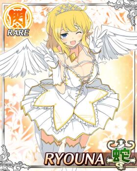 1girl :3 blonde_hair blue_eyes boots border breasts card_(medium) character_name cleavage double_v dress fake_wings game_cg garter_straps gloves jewelry large_breasts looking_at_viewer medium_hair messy_hair necklace official_art one_eye_closed open_mouth pearl_necklace ryouna_(senran_kagura) senran_kagura senran_kagura_new_wave silver_tiara smile solo standing standing_on_one_leg thigh_boots thighhighs third-party_source v white_dress white_gloves white_thighhighs white_wings wings