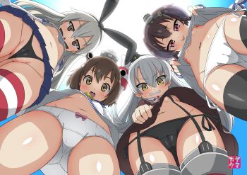 4girls :o :p absurdres amatsukaze_(kancolle) angry animal_ears arms_behind_back bare_shoulders black_hairband black_panties black_ribbon blonde_hair blue_skirt blue_sky blush bow bow_panties breasts brown_dress brown_hair clenched_teeth clothes_lift commentary_request covering_breasts covering_privates cropped_shirt curious day dress dress_lift dress_tug elbow_gloves embarrassed exhibitionism expressionless from_below garter_straps gloves gradient_hair groin hair_between_eyes hair_ribbon hair_tubes hairband hands_up headgear highleg highleg_panties highres hip_focus innertube kantai_collection legs_apart lifting_own_clothes loli long_hair long_sleeves looking_at_viewer looking_down medium_hair microskirt midriff multicolored_hair multiple_girls naughty_face navel neckerchief nipples no_bra no_pants outdoors panties pink_bow pink_eyes pleated_skirt presenting public_indecency rabbit_ears red_eyes ribbon rigging sailor_dress school_uniform seductive_smile serafuku shimakaze_(kancolle) shirt shirt_lift short_dress short_hair side-tie_panties skirt sky sleeveless sleeveless_shirt small_breasts smile smug standing staring stomach striped_clothes striped_thighhighs sun surprised swim_ring teeth thighhighs thighs tokitsukaze_(kancolle) tongue tongue_out underwear upper_teeth_only upshirt upskirt very_long_hair white_dress white_gloves white_hair white_panties wind wind_lift yamakake_(tororo1293) yellow_eyes yellow_neckerchief yukikaze_(kancolle)