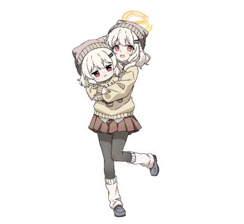 Rule 34 | 1girl, :3, :d, aoba (blue archive), aoba (mom's touch) (blue archive), beanie, black shoes, blonde hair, blue archive, blush, brown hat, character doll, chinese commentary, closed mouth, commentary request, doll, full body, fumo (doll), hair between eyes, hair ornament, hairclip, halo, hat, holding, holding doll, jpeg artifacts, loafers, looking at viewer, loose socks, medium hair, miniskirt, official alternate costume, open mouth, orange halo, pantyhose, parallel hairclips, pleated skirt, red eyes, red skirt, shoes, simple background, skirt, sleeves past wrists, smile, socks, solo, standing, standing on one leg, sweater, white background, white pantyhose, white socks, yellow sweater, zq15850716285