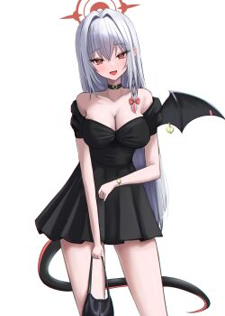 1girl :d absurdres alternate_costume bag bare_shoulders black_bag black_choker black_dress blue_archive blush bow braid breasts choker cleavage collarbone cowboy_shot demon_girl demon_tail demon_wings dress eyelashes grey_hair hair_between_eyes hair_bow hair_intakes halo hand_up handbag happy haruna_(blue_archive) heart heart_choker highres holding holding_bag large_breasts liiigang long_hair looking_at_viewer off-shoulder_dress off_shoulder open_mouth piercing pleated_dress red_bow red_eyes red_halo short_dress short_sleeves simple_background single_braid single_wing smile solo straight_hair tail tsurime very_long_hair watch white_background wing_piercing wings wristwatch