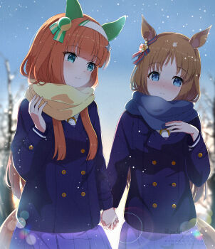 Rule 34 | 2girls, absurdres, animal ears, bare tree, blue eyes, blue scarf, blue sky, blurry, blurry background, brown hair, closed mouth, commentary request, commission, ear covers, enpera, grass wonder (umamusume), hairband, highres, holding hands, horse ears, horse girl, horse tail, long hair, long sleeves, looking at another, multiple girls, orange hair, outdoors, pleated skirt, purple skirt, scarf, school uniform, silence suzuka (umamusume), skeb commission, skirt, sky, smile, snow, snowing, tail, tracen school uniform, tracen winter coat, tree, umamusume, upper body, white hairband, yellow scarf, yukikawa juri, yuri