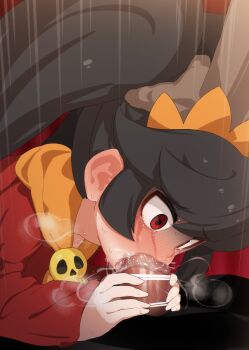 1boy 1girl ashley_(warioware) bar_censor black_hair censored crown cum cum_on_body cum_on_penis deepthroat fellatio hetero highres large_penis large_variant_set loli long_hair long_sleeves looking_at_viewer mizumizuni neckerchief nintendo oral orange_neckerchief penis red_eyes red_shirt shirt skull_ornament snot steaming_body tears textless_version tiara twintails twitter_username variant_set warioware