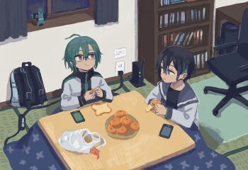 1boy 1other androgynous backpack bag black_hair black_shirt blue_hair bookshelf brown_eyes cellphone chair chewing closed_mouth commentary_request curtains ear_piercing eating electrical_outlet food fruit glasses green_hair highres indoors jacket kotatsu long_sleeves mandarin_orange mayuzumi_kai muji_(uimss) multicolored_hair nijisanji office_chair peeling phone piercing router ryuushen shirt shopping_bag short_hair sitting smartphone streaked_hair swivel_chair table unworn_backpack unworn_bag virtual_youtuber white_jacket window