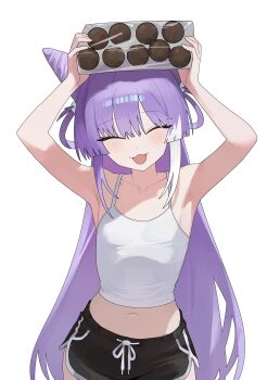 Rule 34 | 1girl, :3, :d, ^ ^, absurdres, armpits, arms up, bare arms, bare shoulders, black shorts, box, breasts, camisole, closed eyes, commentary, cone hair bun, cowboy shot, crop top, dolphin shorts, drawstring, facing viewer, from above, hair bun, hair rings, highres, holding, holding box, long hair, midriff, multicolored hair, navel, nbee ya, open mouth, shirt, short shorts, shorts, sleeveless, sleeveless shirt, small breasts, smile, solo, spaghetti strap, standing, stellive, stomach, streaked hair, tenko shibuki, very long hair, virtual youtuber, white shirt, wide hips