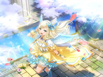 1girl angel_wings blonde_hair blue_boots blue_eyes boots cloud fake_wings floating_hair flower_request game_cg hair_ornament long_hair looking_at_viewer official_art open_mouth pavement pillar shadow shirt short_sleeves shoujo_kageki_revue_starlight shoujo_kageki_revue_starlight_-re_live- skirt solo standing standing_on_one_leg water white_shirt wings yellow_skirt yumeoji_fumi