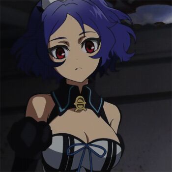 10s 1girl animated animated_gif blue_hair bow breasts chess_belle cleavage fang female_focus owari_no_seraph purple_hair red_eyes solo