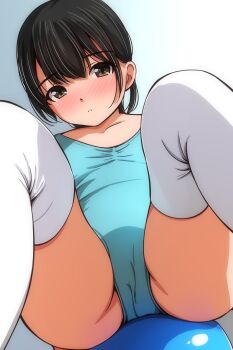 1girl absurdres athletic_leotard ball black_hair blue_leotard blush brown_eyes cameltoe closed_mouth collarbone commentary_request exercise_ball highres leotard loli looking_at_viewer matsunaga_kouyou nose_blush original short_hair sitting solo thighhighs white_thighhighs