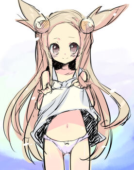 1990s_(style) 1girl brown_eyes brown_hair clothes_lift dress dress_lift female_focus gym_leader jasmine_(pokemon) loli long_hair nakamura_sandayo nintendo panties pokemon pokemon_gsc retro_artstyle solo sundress two_side_up underwear very_long_hair white_panties