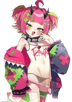 Rule 34 | 1girl, absurdres, ahoge, arm at side, bandaged arm, bandaged leg, bandages, bare shoulders, black collar, black horns, black panties, blunt bangs, blush, bone hair ornament, breasts, camisole, chiimanju, clothes writing, collar, colored tips, commentary, cowboy shot, cross hair ornament, dinosaur girl, dinosaur tail, english commentary, fang, green eyes, green hair, hair ornament, hand up, highres, horns, huge ahoge, indie virtual youtuber, jacket, kumizoko, looking at viewer, mesugaki, multicolored hair, no pants, off shoulder, open clothes, open jacket, open mouth, panties, pink hair, second-party source, see-through camisole, see-through clothes, see-through shirt, shirt, short hair, short twintails, simple background, single thighhigh, skin fang, small breasts, smile, solo, spiked collar, spikes, strap slip, streaked hair, striped clothes, striped thighhighs, tail, thick eyebrows, thighhighs, tied shirt, tsurime, twintails, two-tone hair, underwear, virtual youtuber, white background, white camisole