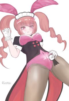 absurdres akiha_rumiho animal_ears blush commentary_request covered_navel dutch_angle from_below gloves groin highleg highleg_leotard highres lemoned_hl_5050 leotard maid_headdress nervous_sweating official_alternate_costume pantyhose pink_leotard rabbit_ears science_adventure steins;gate sweat white_gloves