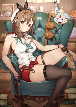 1girl armpits atelier_(series) atelier_ryza beret black_gloves black_thighhighs book book_stack braid braided_bangs breasts brown_eyes brown_hair chair cleavage closed_mouth collared_shirt commentary_request couch creature fi_(atelier) gloves hat highres holding holding_paper indoors large_breasts light_blush looking_at_viewer official_art on_chair on_couch paper partially_fingerless_gloves picture_frame red_shorts reisalin_stout shirt short_hair short_shorts shorts sideboob single_thighhigh skindentation solo thick_thighs thigh_strap thighhighs thighs toridamono white_hat white_shirt
