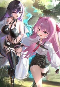 1girl 2girls absurdres bare_shoulders between_breasts black_eyes black_gloves black_hair black_shorts black_thighhighs blush breasts cleavage colored_inner_hair dominatrix elbow_gloves gloves goddess_of_victory:_nikke hair_ornament harness highres id_card jacket jacket_partially_removed large_breasts leather_bikini long_hair long_sleeves looking_at_another mihara_(bonding_chain)_(nikke) mihara_(nikke) multicolored_hair multiple_girls o-ring o-ring_harness official_alternate_design outdoors pelvic_curtain purple_eyes purple_hair r_aeel red_eyes see-through_clothes see-through_pelvic_curtain shirt shorts small_breasts smile strap_between_breasts thigh_strap thighhighs thighs white_shirt yuni_(nikke)