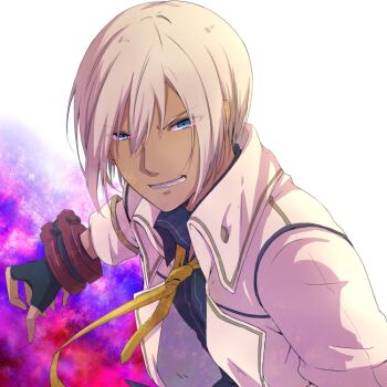 Rule 34 | 10s, 1boy, black gloves, blue eyes, clenched teeth, dark skin, dark-skinned male, fingerless gloves, gloves, god eater, god eater 2: rage burst, hiki-wota, jacket, looking at viewer, male focus, necktie, solo, soma schicksal, teeth, white hair