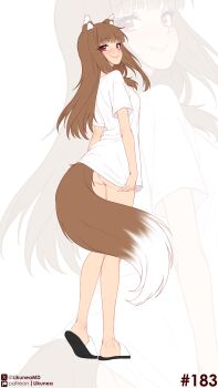 1girl absurdres animal_ears ass blush brown_hair closed_mouth commentary english_commentary fang full_body highres holo likunea long_hair looking_at_viewer no_panties red_eyes shirt short_sleeves simple_background smile spice_and_wolf standing t-shirt tail white_background white_shirt wolf_ears wolf_girl wolf_tail zoom_layer