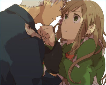 00s 1boy 1girl apron axis_powers_hetalia bad_id bad_pixiv_id brown_hair couple dress flower forceful gloves green_eyes hair_flower hair_ornament hetero holding_another's_wrist hungary_(hetalia) long_hair maid maid_apron prussia_(hetalia) short_hair uniform white_hair yuko_mebouki