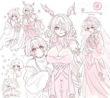 1boy 1girl ahoge alternate_costume androgynous antler_ornament antlers armlet asymmetrical_sidelocks barefoot blunt_ends blush breasts centauroid choppy_bangs cleavage_cutout closed_mouth clothing_cutout crescent_print deer_antlers deer_girl detached_sleeves dress eyelashes feathers furisode genshin_impact hair_intakes hair_over_one_eye height_difference highres hip_vent holding horns japanese_clothes jewelry kimono large_breasts lauma_(genshin_impact) leaf long_hair long_sleeves looking_at_another looking_at_viewer mimacbr open_mouth own_hands_clasped own_hands_together pants parted_bangs pelvic_curtain pink_theme pointy_ears pom_pom_(clothes) robe scaramouche_(genshin_impact) scaramouche_(kabukimono)_(genshin_impact) shoulder_cutout sidelocks sitting smile string tareme taur toes wavy_hair wide_sleeves