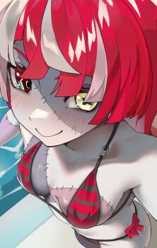 Rule 34 | 1girl, absurdres, artselmetti, bikini, black bikini, breasts, closed mouth, colored skin, grey skin, highres, hololive, hololive indonesia, kureiji ollie, medium breasts, mismatched pupils, multicolored skin, patchwork skin, red bikini, red eyes, side-tie bikini bottom, smile, solo, stitched arm, stitched face, stitched torso, stitches, striped bikini, striped clothes, swimsuit, virtual youtuber, zombie