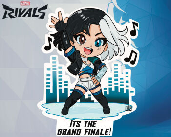 arm_up asymmetrical_gloves black_boots black_hair black_jacket blue_eyes boots brown_eyes choker commentary copyright_logo copyright_name crop_top cropped_jacket elbow_gloves english_commentary english_text eyelashes fingerless_gloves full_body gloves hand_on_own_hip heterochromia jacket jdofasgard logo luna_snow marvel marvel_rivals merchandise_available midriff mismatched_gloves multicolored_hair musical_note open_clothes open_jacket open_mouth outline short_hair shorts smile solo split-color_hair standing teeth two-tone_hair upper_teeth_only white_choker white_hair white_outline white_shorts