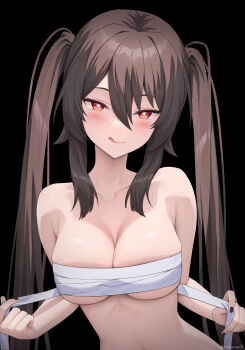 1girl :q absurdres alternate_breast_size artist_name black_background black_nails blush breasts brown_hair chest_sarashi cleavage collarbone commentary_request fingernails flower-shaped_pupils genshin_impact hair_between_eyes highres hu_tao_(genshin_impact) large_breasts looking_at_viewer nail_polish naughty_face navel paid_reward_available red_eyes rosumerii sarashi simple_background smile solo symbol-shaped_pupils teasing tongue tongue_out twintails untying upper_body