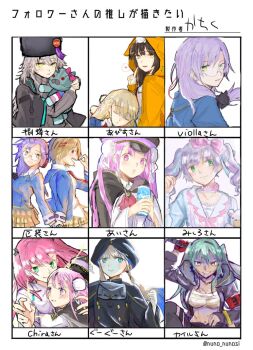 2girls 6+girls aikawa_megumi asakura_karen_(heaven_burns_red) black_hair blonde_hair blue_jacket blunt_bangs bow braid candy character_request charlotta_skopovskaya chart copyright_request double_bun food frills fur_hat glasses green_eyes green_hair grey_hair hair_bun hair_ornament hair_over_shoulder hairband hairclip hat heaven_burns_red highres holding holding_hands hood hood_up hooded_jacket hug izumi_yuki_(heaven_burns_red) jacket ka_chikuoioio kunimi_tama kurozawa_maki lollipop long_hair long_sleeves low-tied_long_hair multiple_girls necktie pink_eyes pink_hair red_eyes ribbon round_eyewear sarashi shirt short_hair sidelocks stuffed_animal stuffed_toy sugawara_chie toujou_tsukasa twintails two_side_up ushanka white_hair white_shirt yellow_eyes yuri