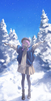 1girl absurdres airool bang_dream! bang_dream!_it&#039;s_mygo!!!!! beret black_boots black_gloves black_hat black_pantyhose blue_eyes blue_jacket blue_sky boots brown_scarf brown_skirt check_clothing chihaya_anon chinese_commentary closed_mouth clothing_request commentary_request day full_body gloves grey_sweater hair_between_eyes hands_up hat highres jacket lace-up_boots long_sleeves looking_at_viewer miniskirt outdoors outstretched_arms pantyhose pink_hair scarf short_sleeves sidelocks skirt sky smile snow snow_on_tree snowing solo standing sweater sweater_under_jacket tree
