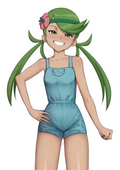 1girl absurdres clenched_hand collarbone commentary eyelashes flower green_eyes green_hair green_headband grin hair_flower hair_ornament hand_on_own_hip happy headband highres long_hair makfeat mallow_(pokemon) nintendo overalls pink_flower pokemon pokemon_sm simple_background smile solo swept_bangs teeth twintails white_background